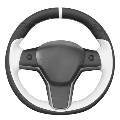 Hand-Stitched White Leather Steering Wheel Cover Wrap