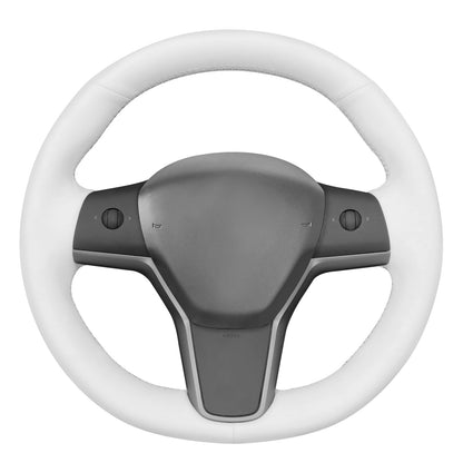 Hand-Stitched White Leather Steering Wheel Cover Wrap