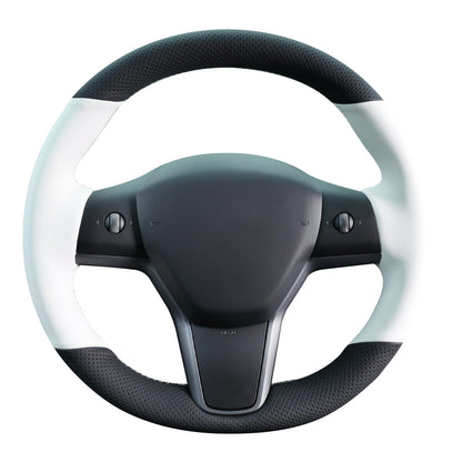 Hand-Stitched White Leather Steering Wheel Cover Wrap