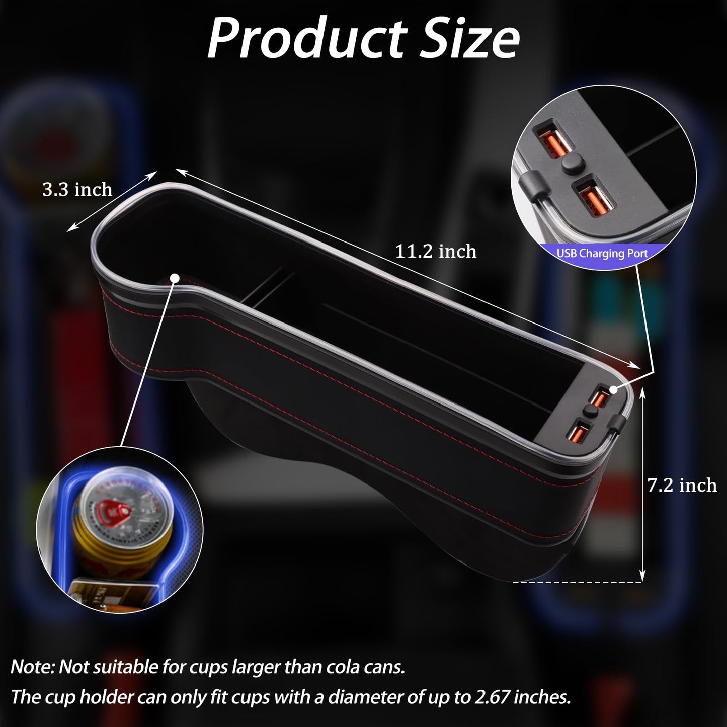 LED Car Seat Gap Organizer with Cup Holder & USB Charger