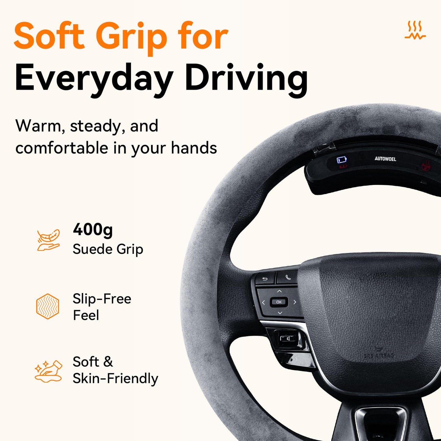 Cordless Heated Suede Steering Wheel Cover 14.5–15 Inch