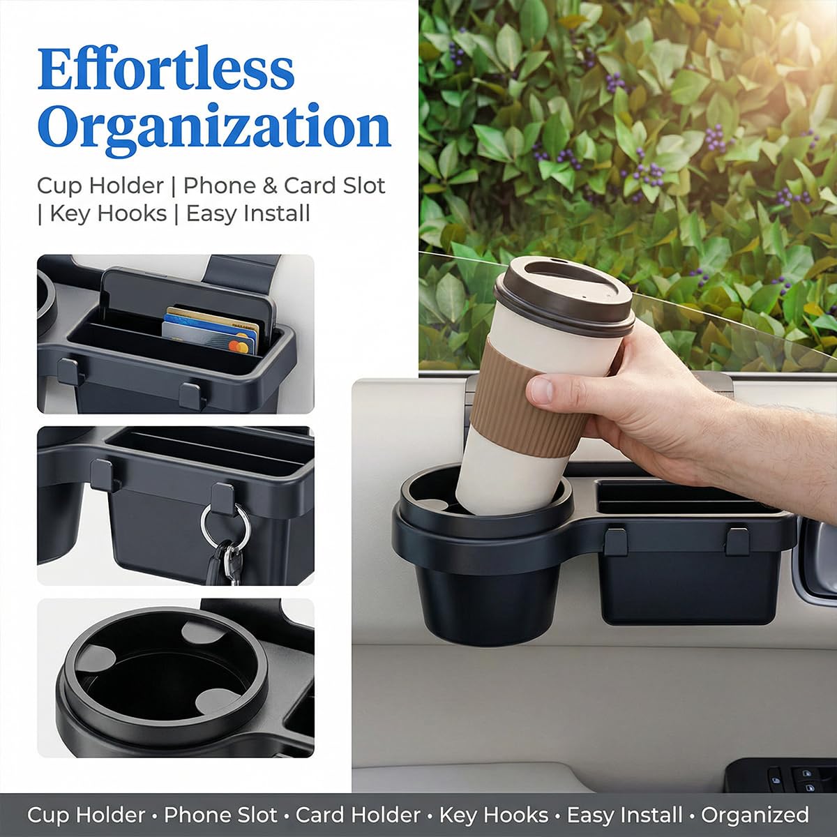 Mandark Car Window Storage Organizer, Multifunctional Vehicle Window Mount Storage Rack with Cup Holder Phone Mount, Automotive Interior Door Side Hanging Organizer, Universal Fit