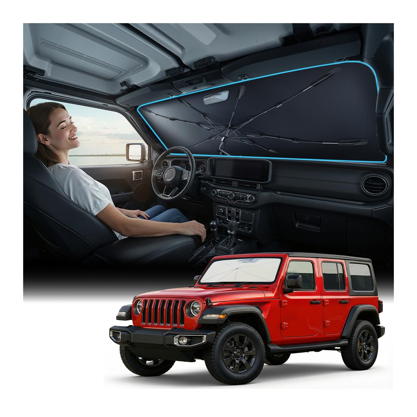 [Upgraded] Nmoiss Windshield Sun Shade Umbrella - [Vinyl Coating Heat Shield] Protect Car from Sun Rays & Heat Damage Keep Cool and Protect Interior, Spring Structure Edge