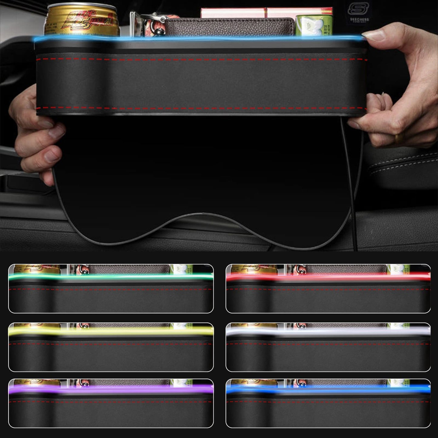 LED Car Seat Gap Organizer with Cup Holder & USB Charger