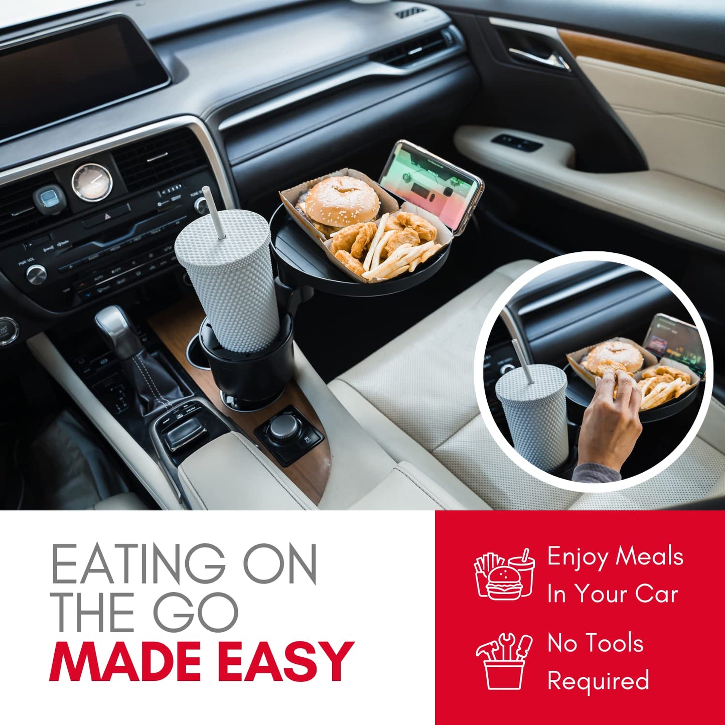 Car Cup Holder Tray with Multi-Purpose Table Design