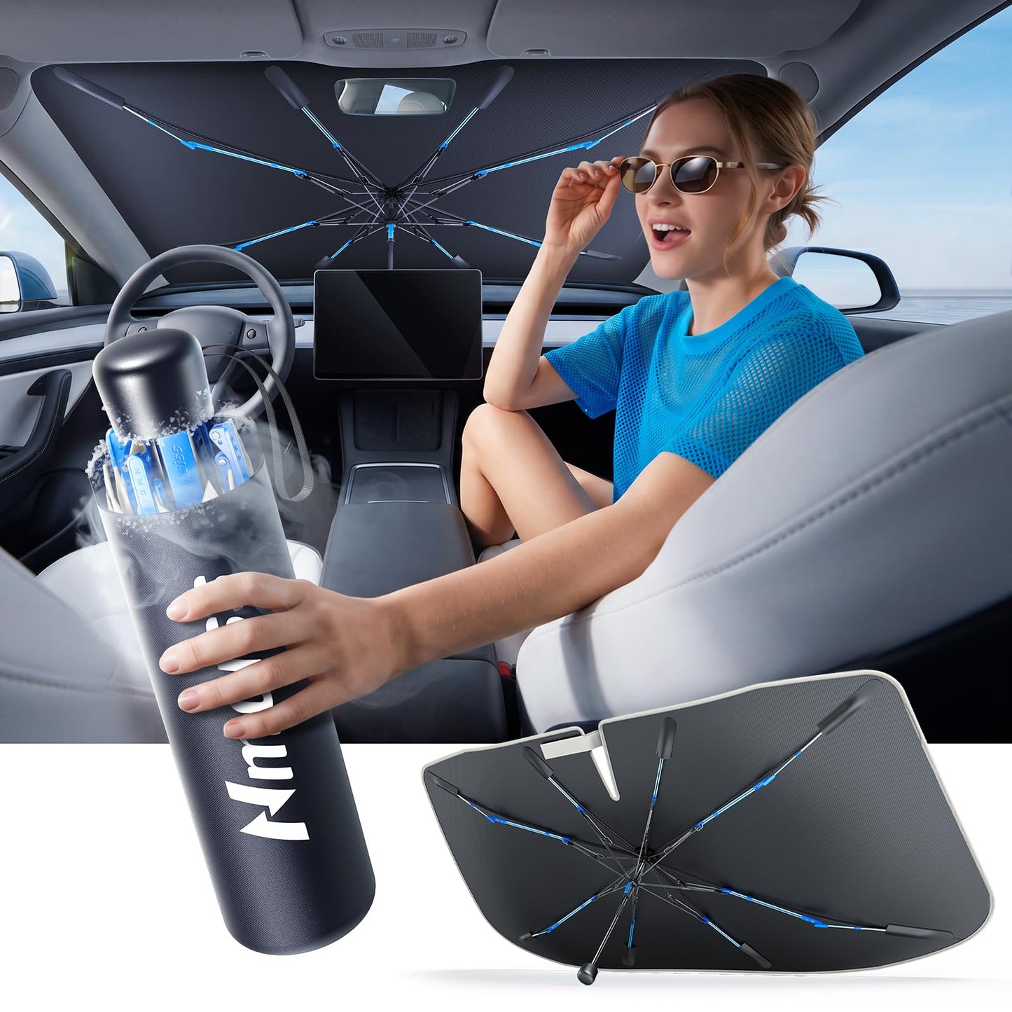 [Upgraded] Nmoiss Windshield Sun Shade Umbrella - [Vinyl Coating Heat Shield] Protect Car from Sun Rays & Heat Damage Keep Cool and Protect Interior, Spring Structure Edge