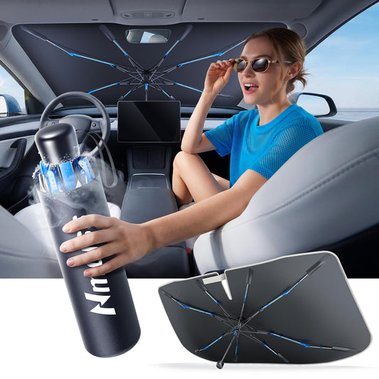 [Upgraded] Nmoiss Windshield Sun Shade Umbrella - [Vinyl Coating Heat Shield] Protect Car from Sun Rays & Heat Damage Keep Cool and Protect Interior, Spring Structure Edge