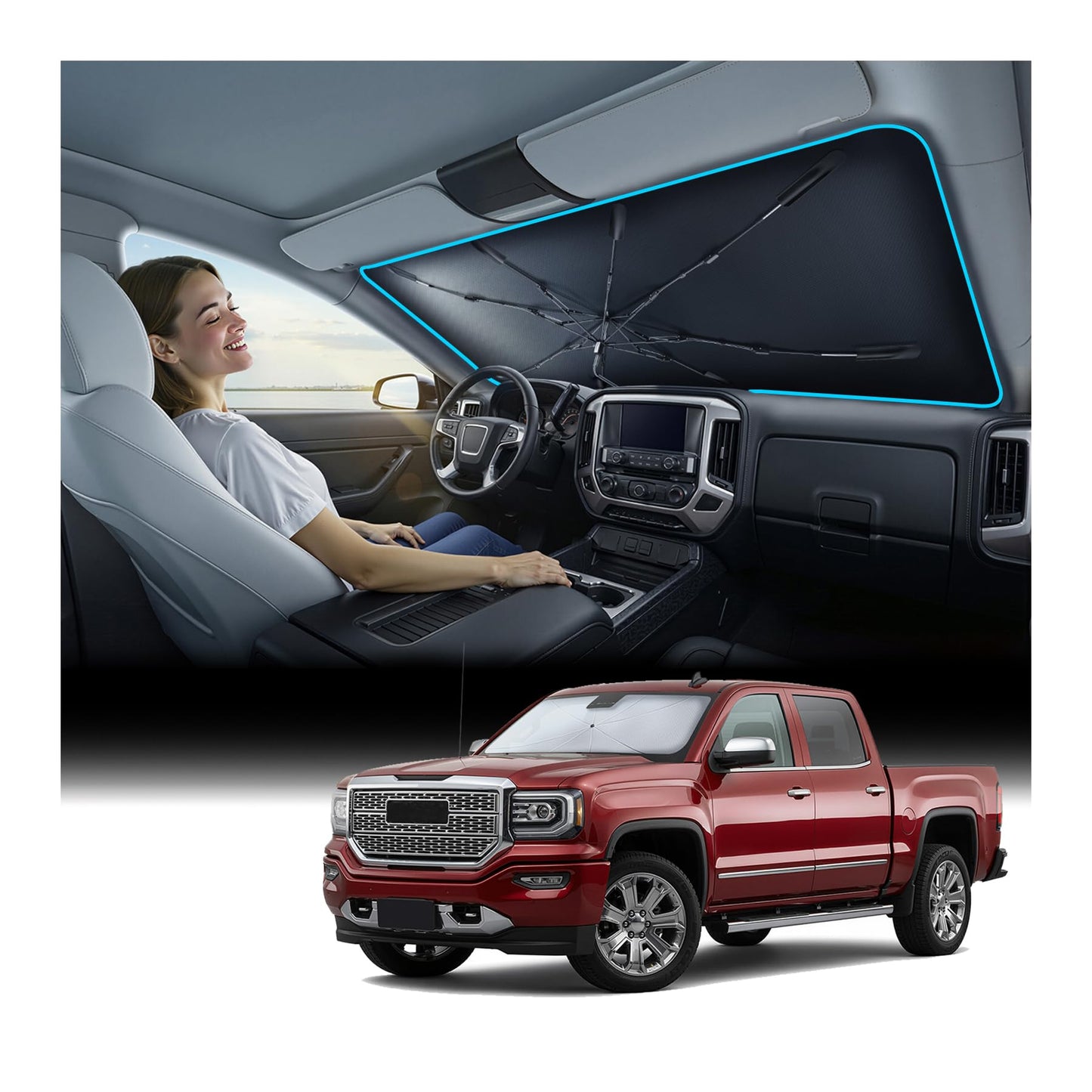 [Upgraded] Nmoiss Windshield Sun Shade Umbrella - [Vinyl Coating Heat Shield] Protect Car from Sun Rays & Heat Damage Keep Cool and Protect Interior, Spring Structure Edge