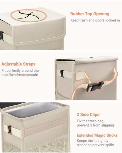 Leakproof Hanging Car Trash Can with Lid & Storage Pockets
