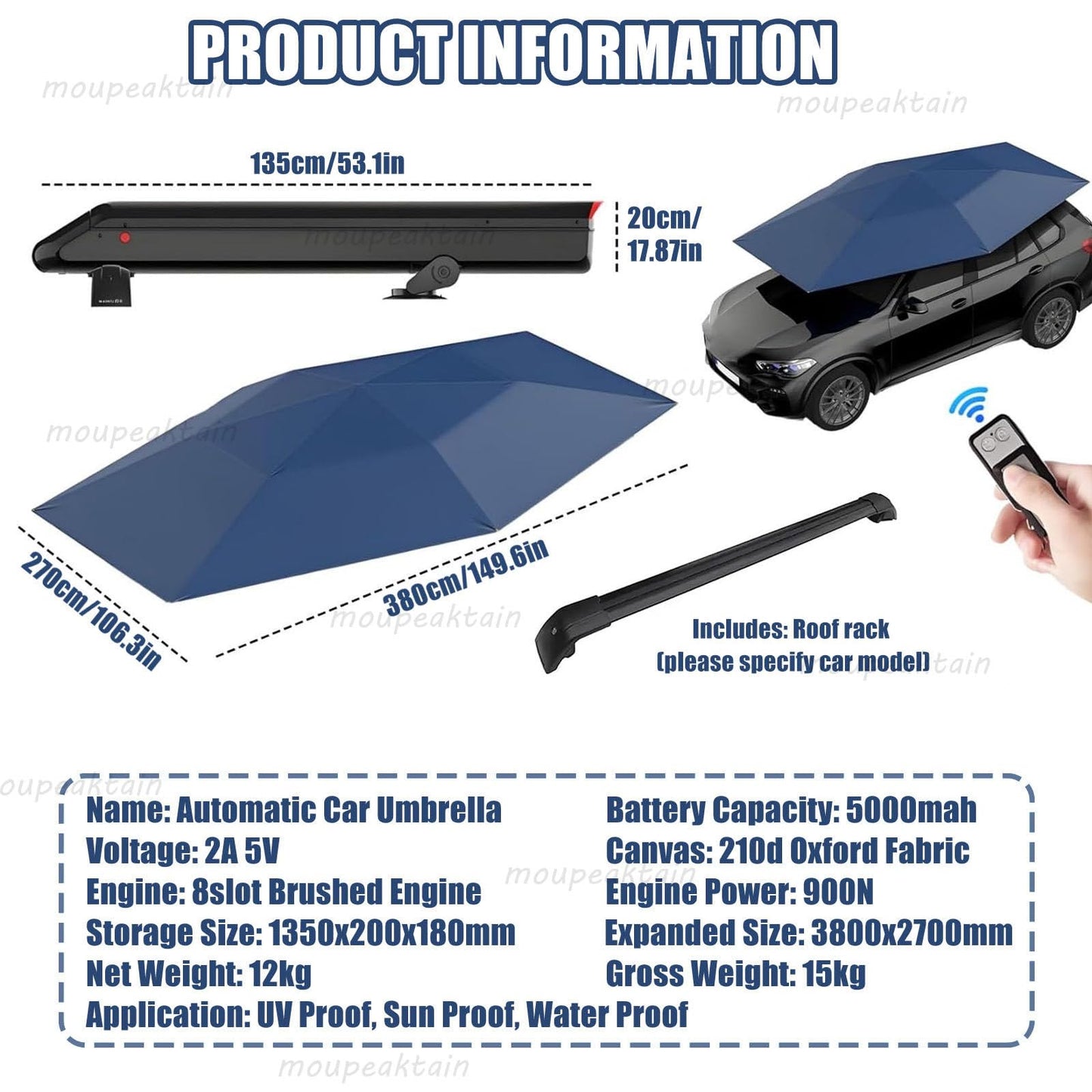 Fully Automatic Car Tent Umbrella – Remote Control Car Roof Top Canopy with Storage Box, Car Cover Tent Car Parasol Umbrella for Sedan & SUV, Heat-Blocking UV Protection