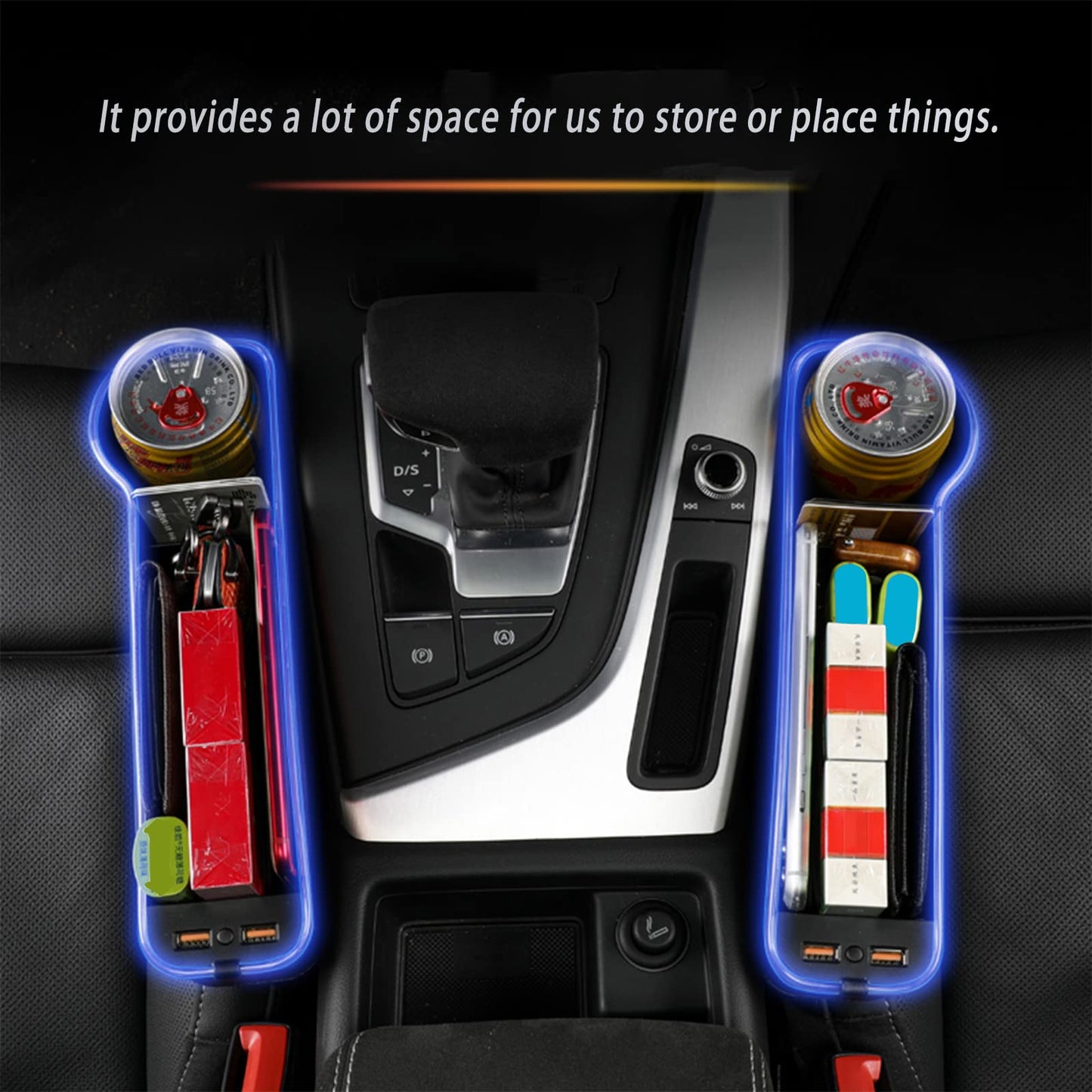LED Car Seat Gap Organizer with Cup Holder & USB Charger