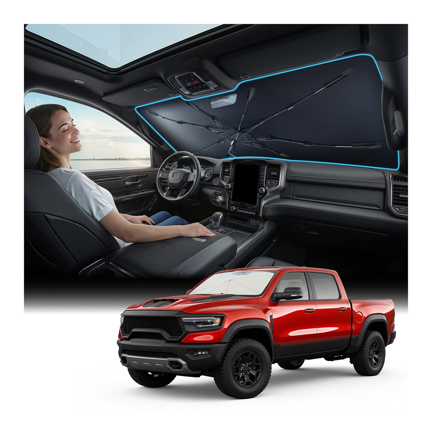 [Upgraded] Nmoiss Windshield Sun Shade Umbrella - [Vinyl Coating Heat Shield] Protect Car from Sun Rays & Heat Damage Keep Cool and Protect Interior, Spring Structure Edge