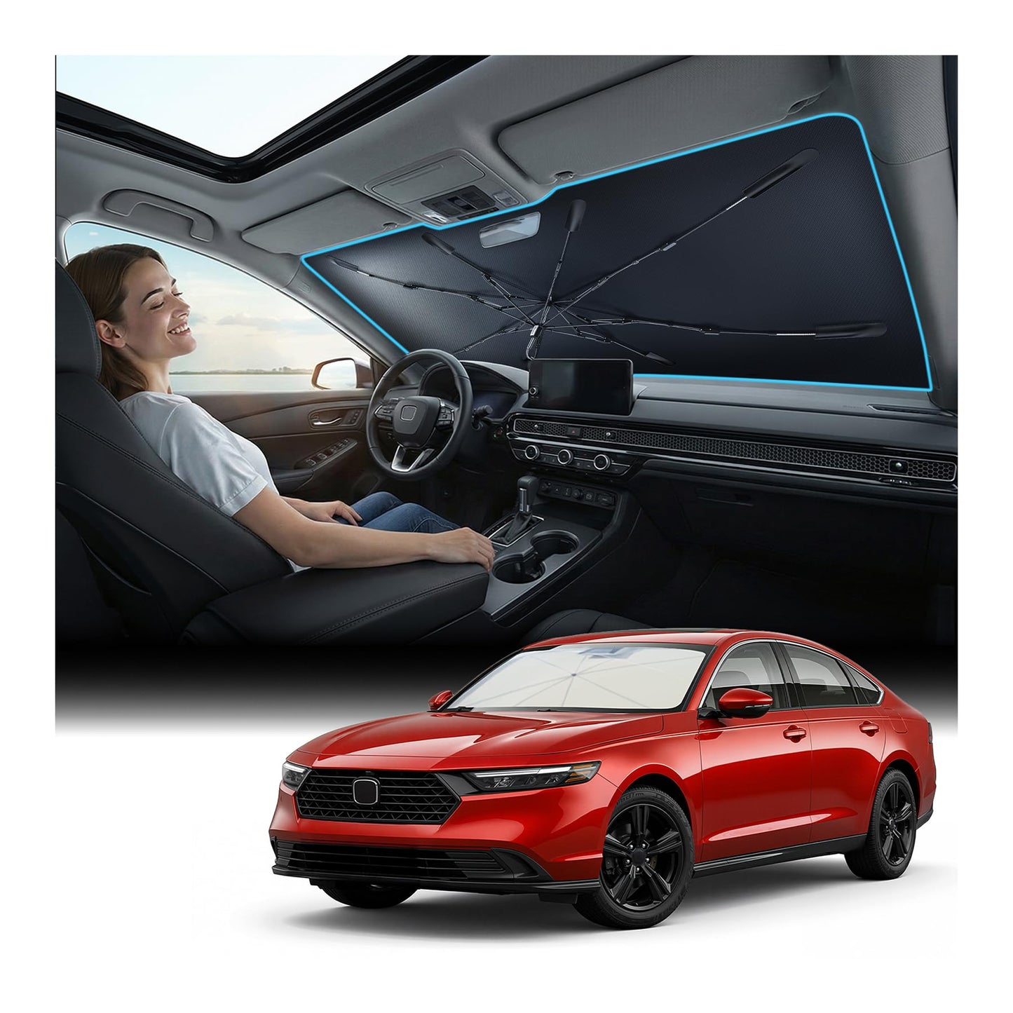 [Upgraded] Nmoiss Windshield Sun Shade Umbrella - [Vinyl Coating Heat Shield] Protect Car from Sun Rays & Heat Damage Keep Cool and Protect Interior, Spring Structure Edge