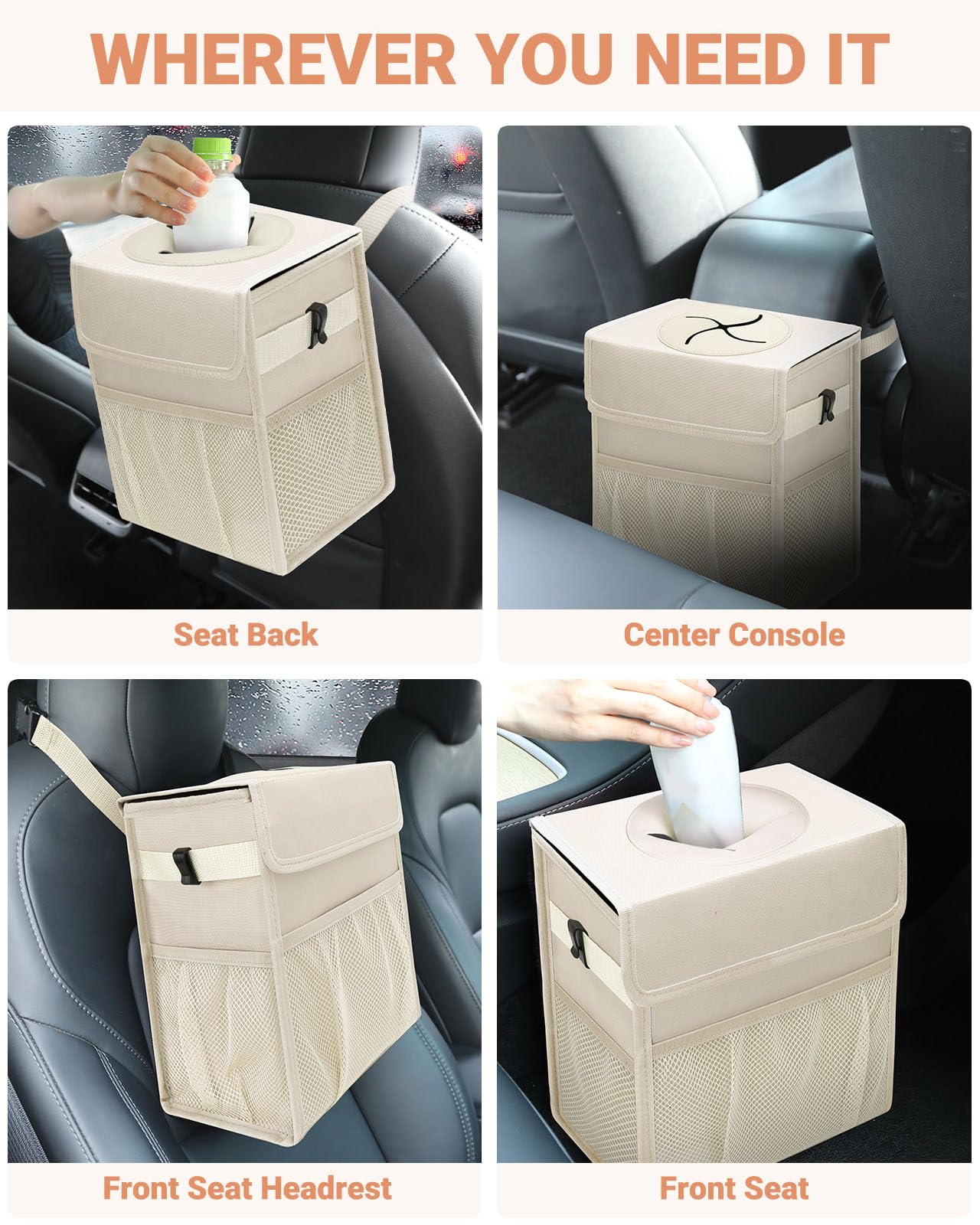Leakproof Hanging Car Trash Can with Lid & Storage Pockets