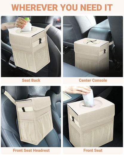 Leakproof Hanging Car Trash Can with Lid & Storage Pockets