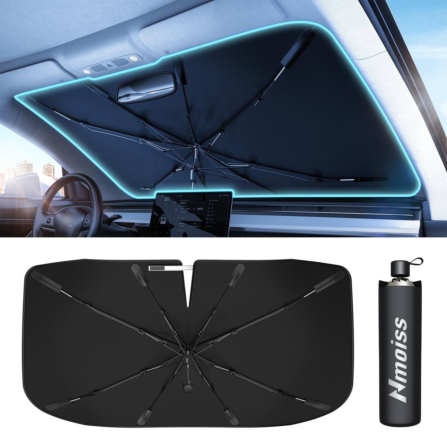 [Upgraded] Nmoiss Windshield Sun Shade Umbrella - [Vinyl Coating Heat Shield] Protect Car from Sun Rays & Heat Damage Keep Cool and Protect Interior, Spring Structure Edge