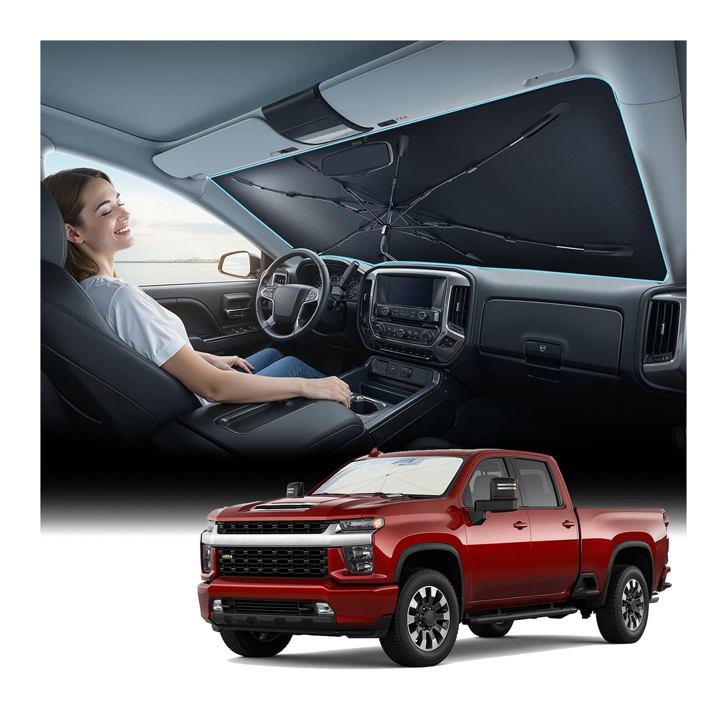 [Upgraded] Nmoiss Windshield Sun Shade Umbrella - [Vinyl Coating Heat Shield] Protect Car from Sun Rays & Heat Damage Keep Cool and Protect Interior, Spring Structure Edge