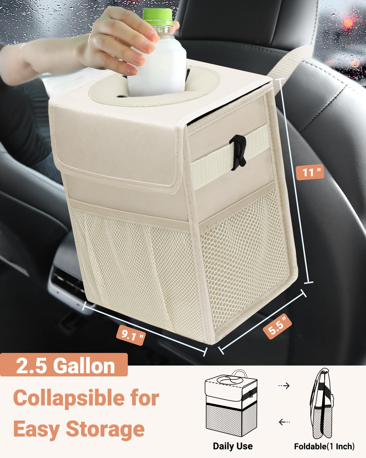 Leakproof Hanging Car Trash Can with Lid & Storage Pockets