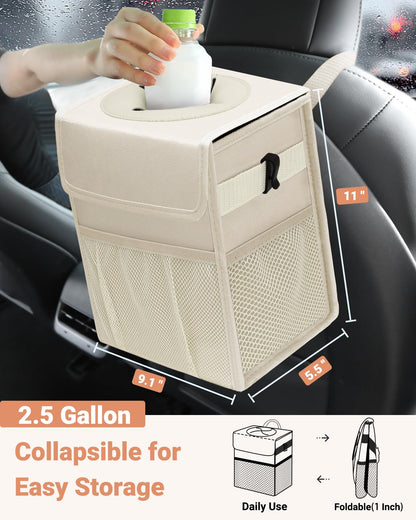 Leakproof Hanging Car Trash Can with Lid & Storage Pockets