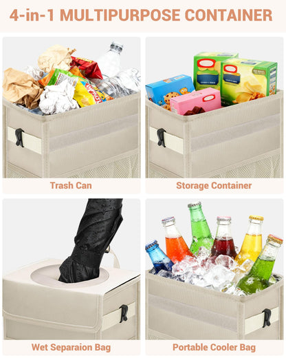 Leakproof Hanging Car Trash Can with Lid & Storage Pockets