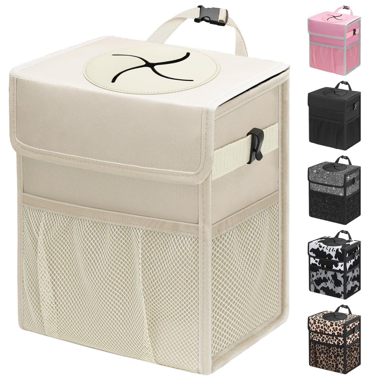 Leakproof Hanging Car Trash Can with Lid & Storage Pockets