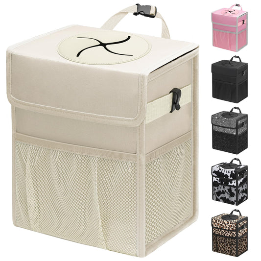 Capolo Car Trash Can with Lid, Leakproof Car Trash Bag Hanging Waterproof Automotive Garbage Can with Storage Pockets Mini Vehicle Trash Bin for Back/Front Seat