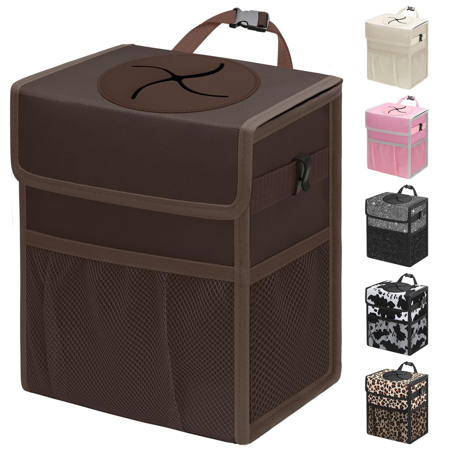Leakproof Hanging Car Trash Can with Lid & Storage Pockets