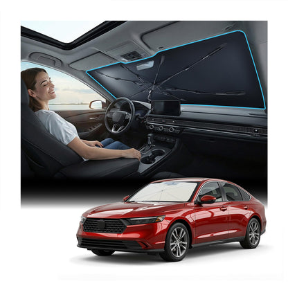 [Upgraded] Nmoiss Windshield Sun Shade Umbrella - [Vinyl Coating Heat Shield] Protect Car from Sun Rays & Heat Damage Keep Cool and Protect Interior, Spring Structure Edge