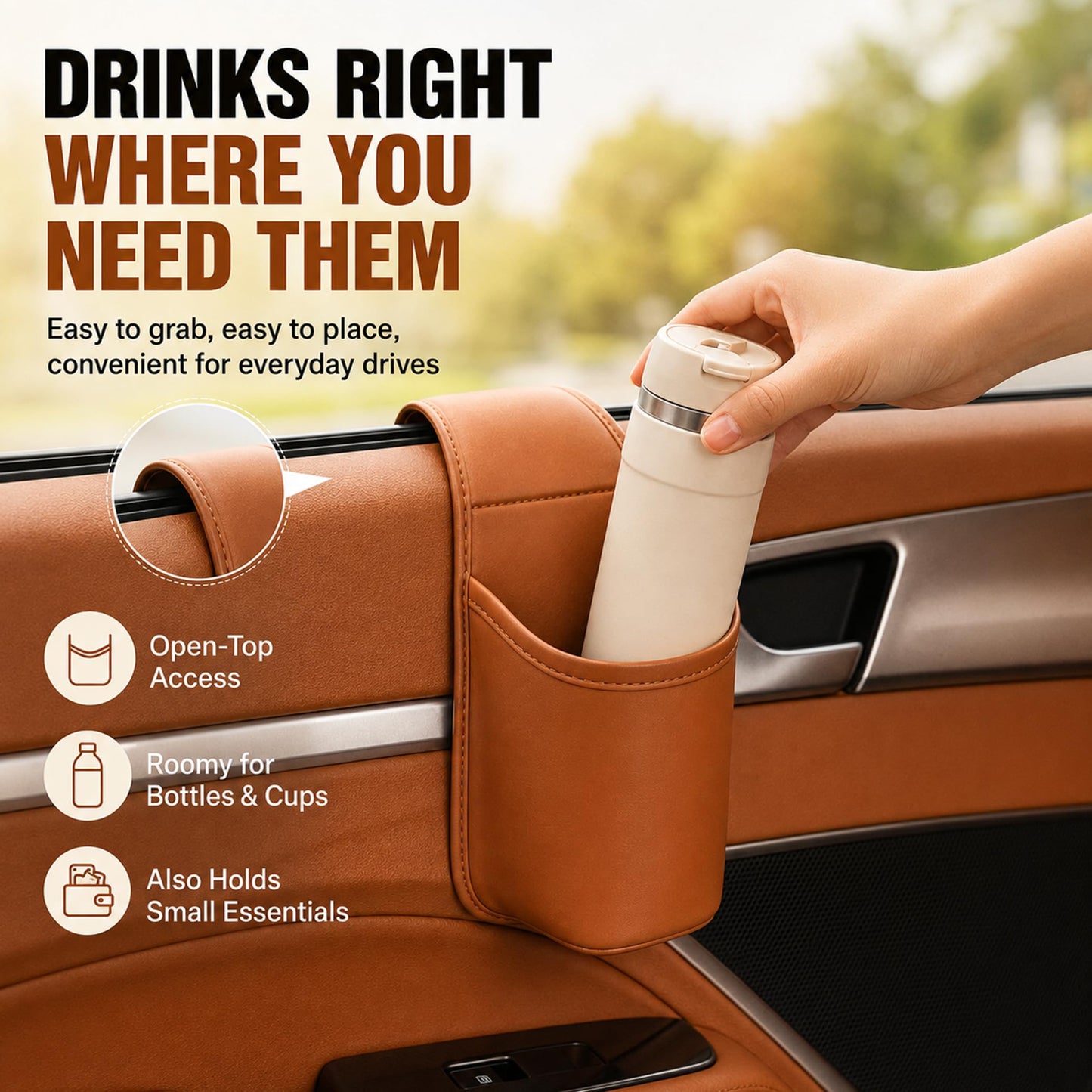 Leather Car Door Cup Holder with Phone Storage