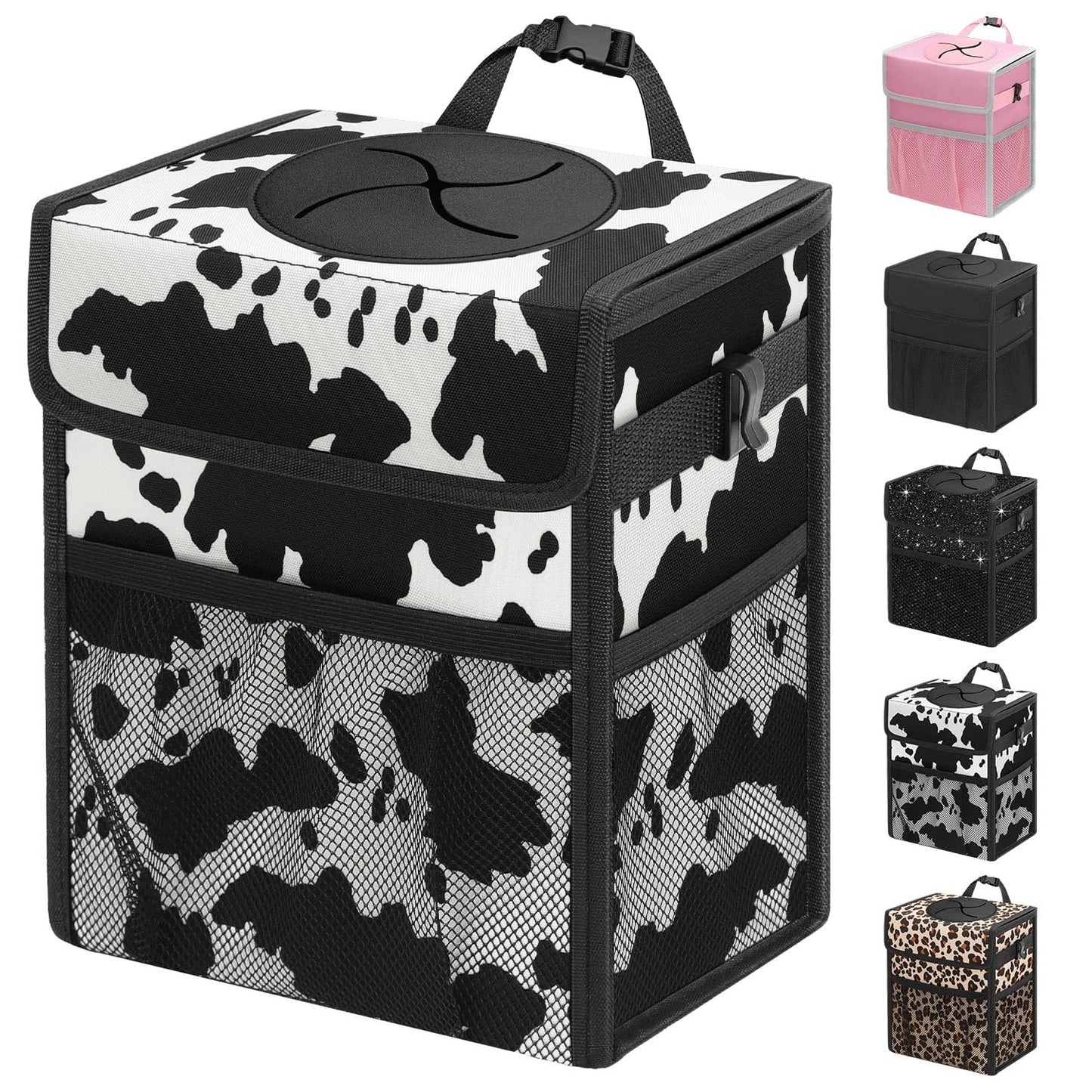 Leakproof Hanging Car Trash Can with Lid & Storage Pockets