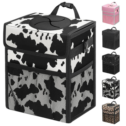 Leakproof Hanging Car Trash Can with Lid & Storage Pockets