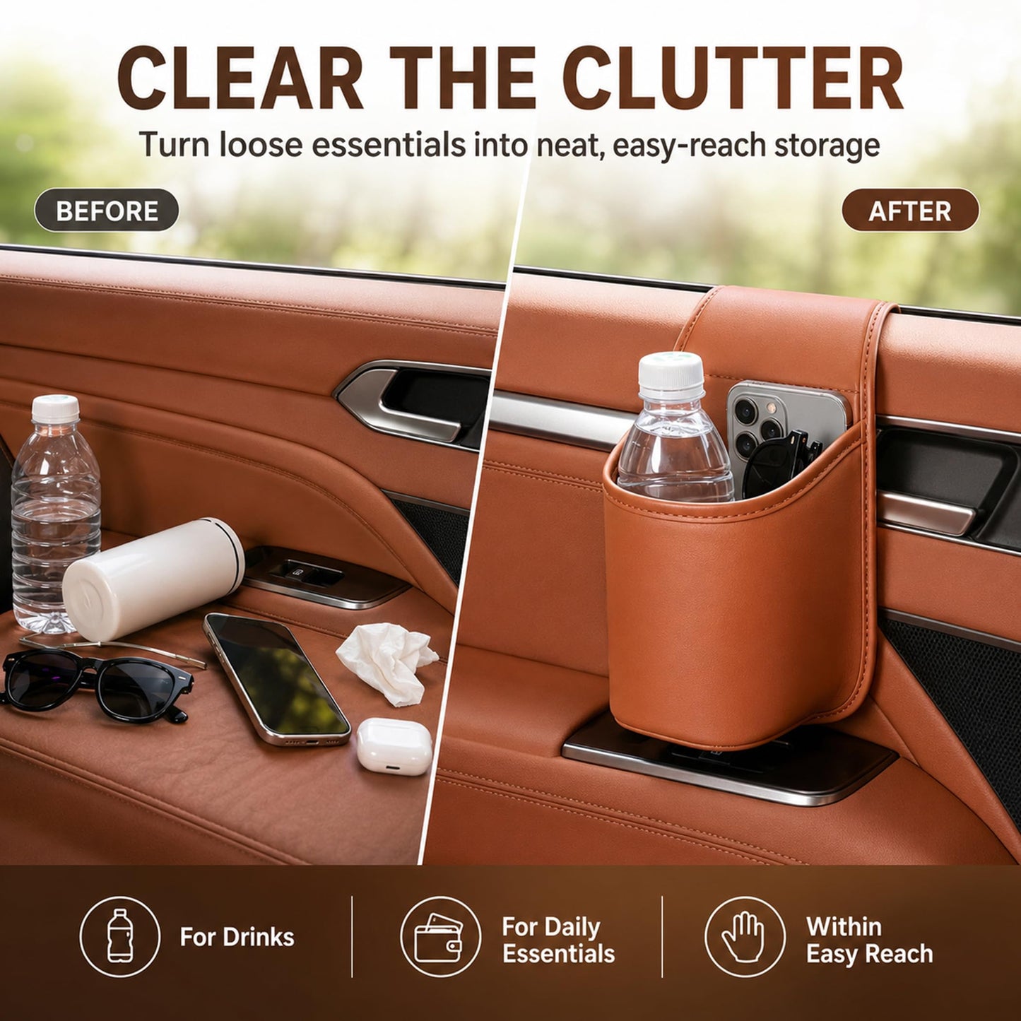 Leather Car Door Cup Holder with Phone Storage