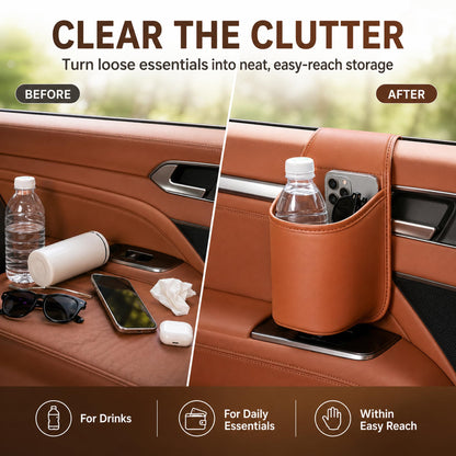Leather Car Door Cup Holder with Phone Storage