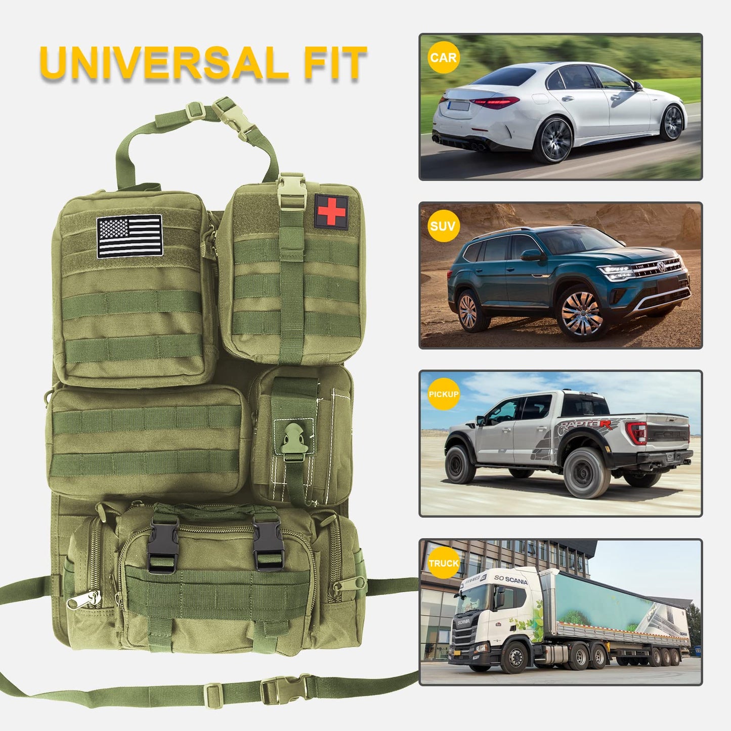 Tactical Car Seat Back Organizer with 5 Detachable Pouches