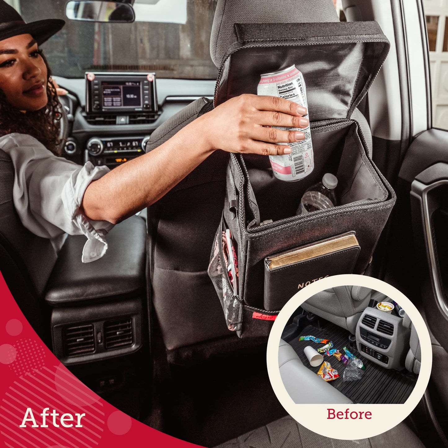 Leakproof Car Trash Can with Compact Hanging Design