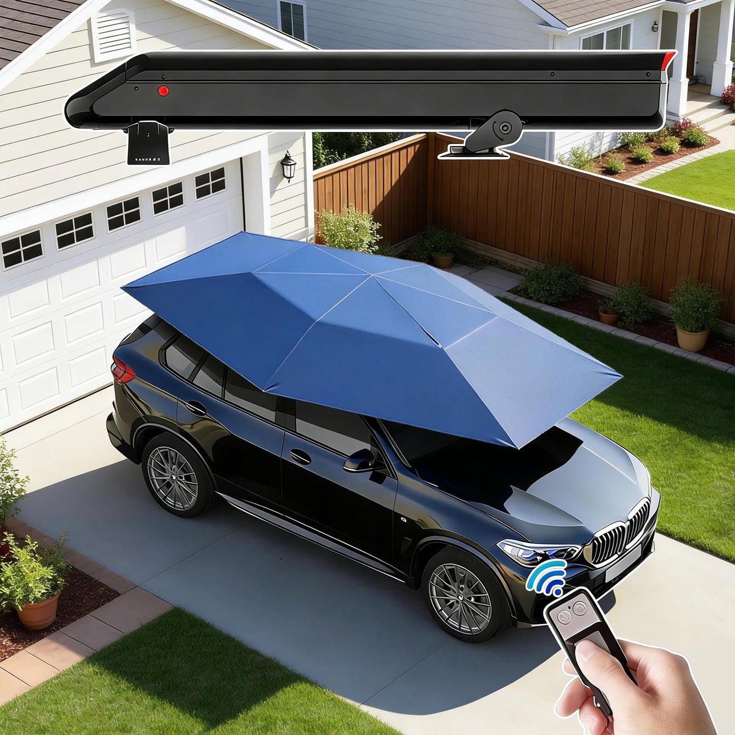Fully Automatic Car Tent Umbrella – Remote Control Car Roof Top Canopy with Storage Box, Car Cover Tent Car Parasol Umbrella for Sedan & SUV, Heat-Blocking UV Protection