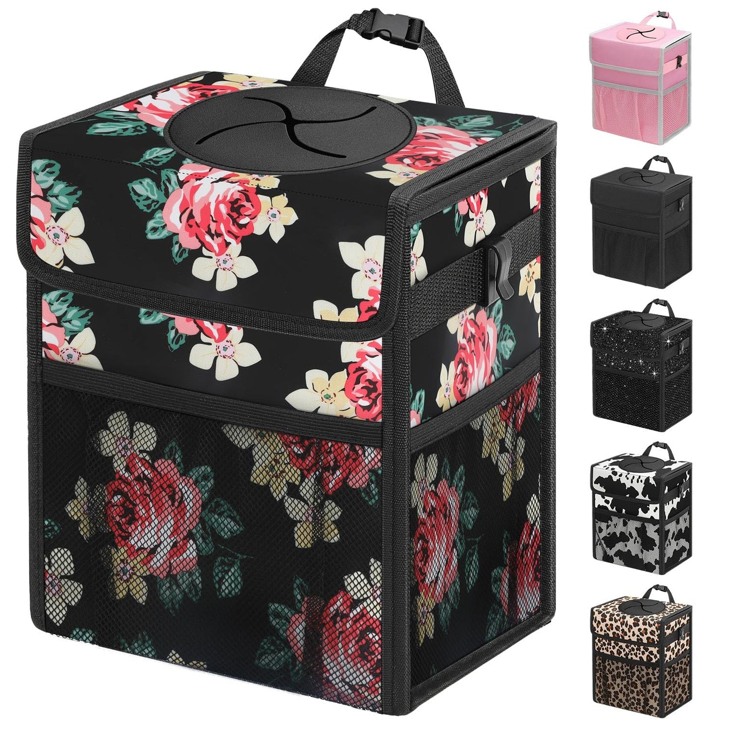 Leakproof Hanging Car Trash Can with Lid & Storage Pockets