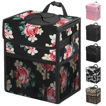 Leakproof Hanging Car Trash Can with Lid & Storage Pockets