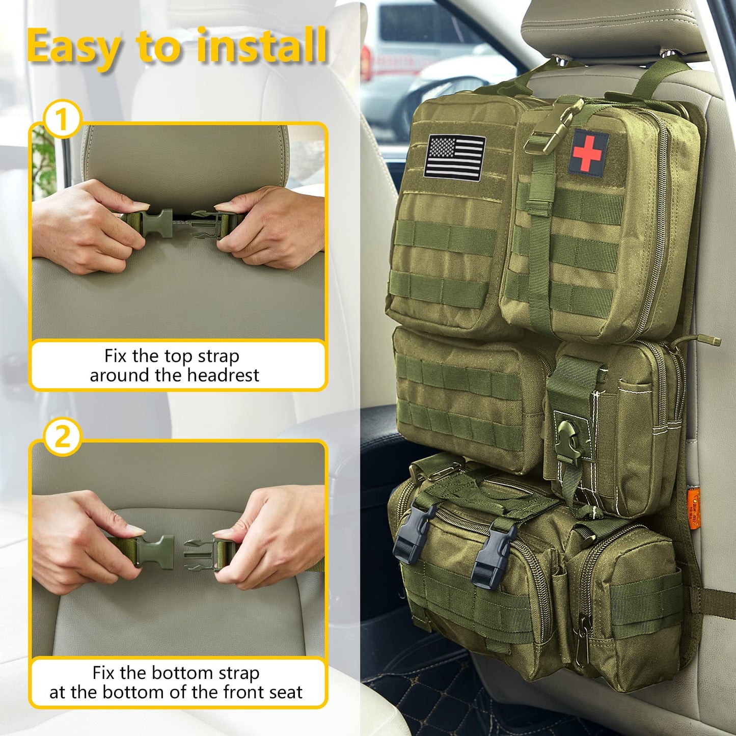 Tactical Car Seat Back Organizer with 5 Detachable Pouches