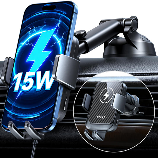 HTU Upgraded 15W Fast Charging Auto-Clamping Wireless Car Charger Mount