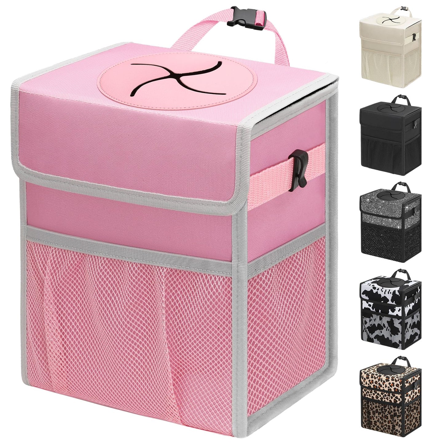 Leakproof Hanging Car Trash Can with Lid & Storage Pockets