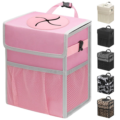 Leakproof Hanging Car Trash Can with Lid & Storage Pockets