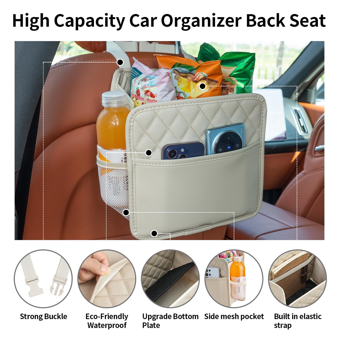 Multi-Pocket Car Seat Back Organizer with Bottle Holder