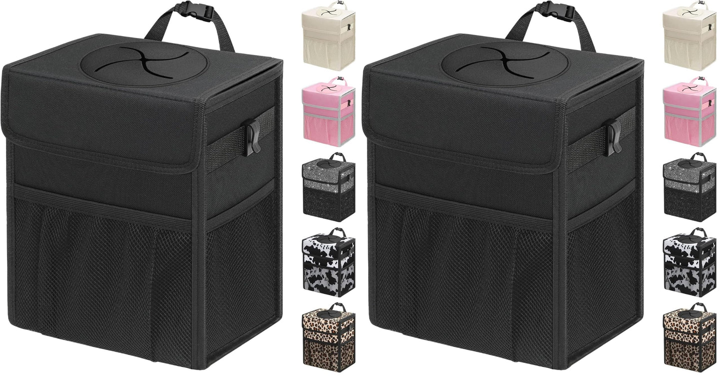 Leakproof Hanging Car Trash Can with Lid & Storage Pockets