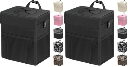 Leakproof Hanging Car Trash Can with Lid & Storage Pockets