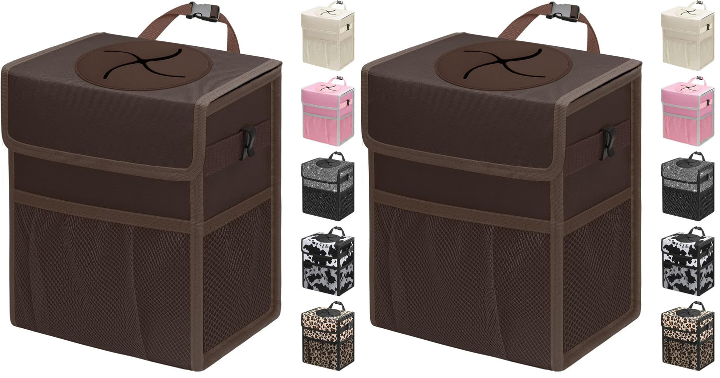 Leakproof Hanging Car Trash Can with Lid & Storage Pockets