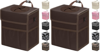 Leakproof Hanging Car Trash Can with Lid & Storage Pockets