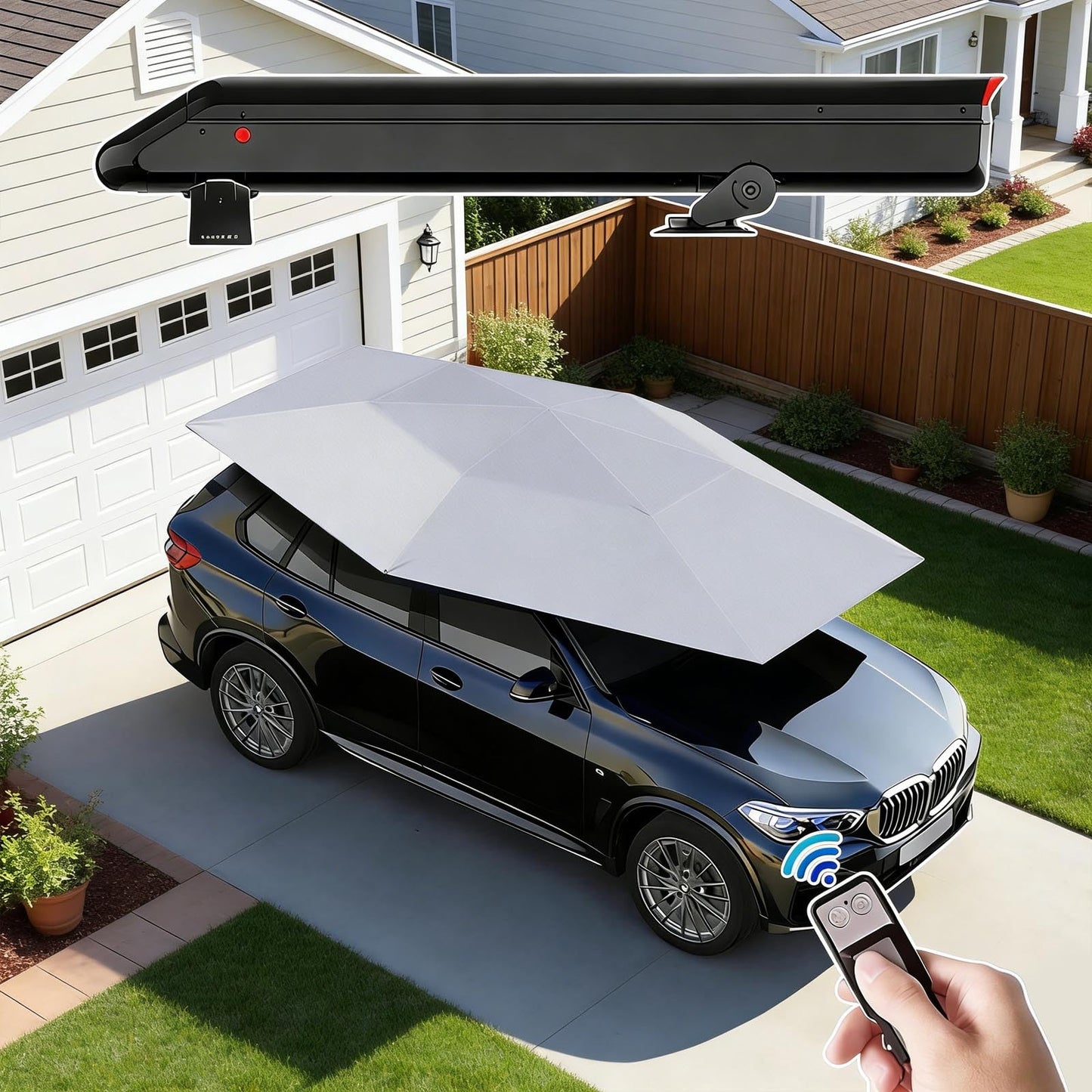 Fully Automatic Car Tent Umbrella – Remote Control Car Roof Top Canopy with Storage Box, Car Cover Tent Car Parasol Umbrella for Sedan & SUV, Heat-Blocking UV Protection