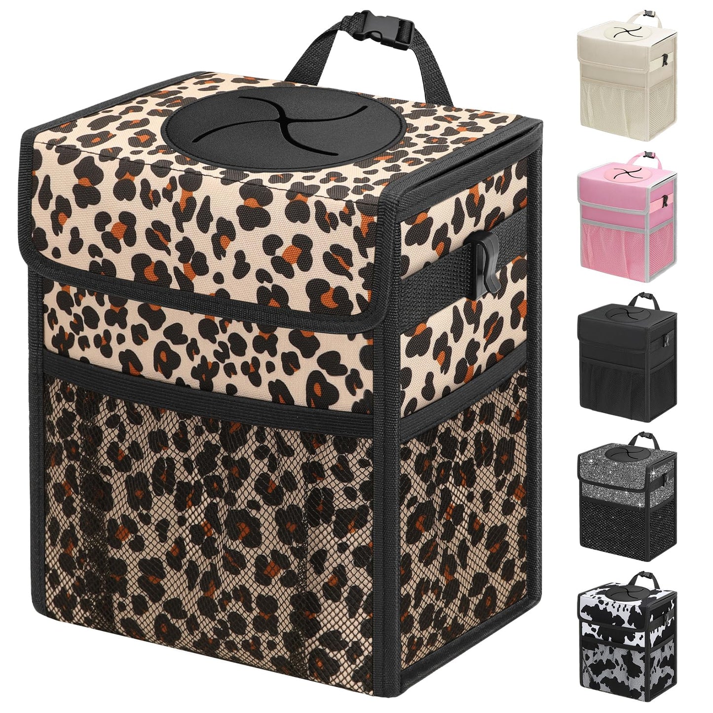 Leakproof Hanging Car Trash Can with Lid & Storage Pockets
