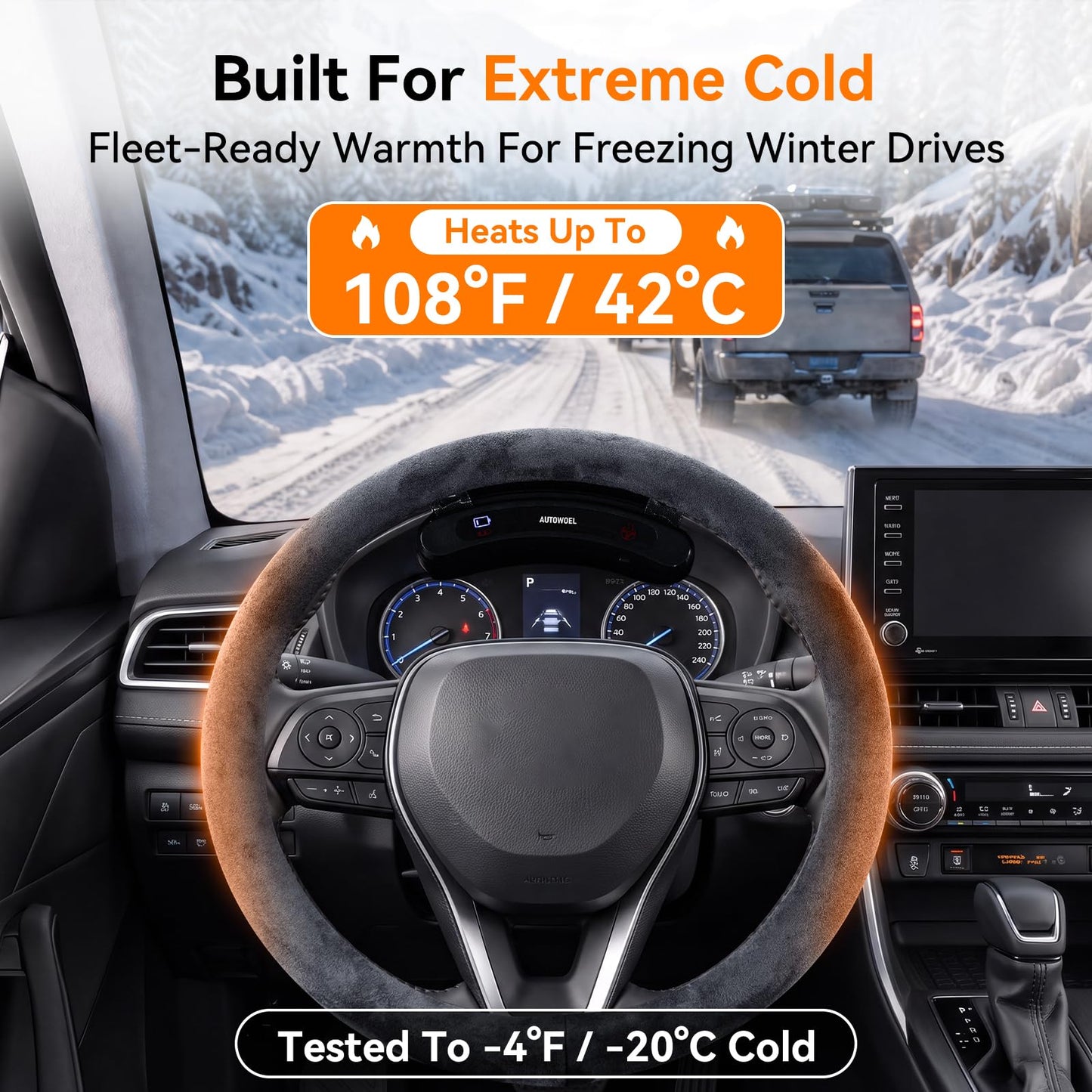 Cordless Heated Suede Steering Wheel Cover 14.5–15 Inch